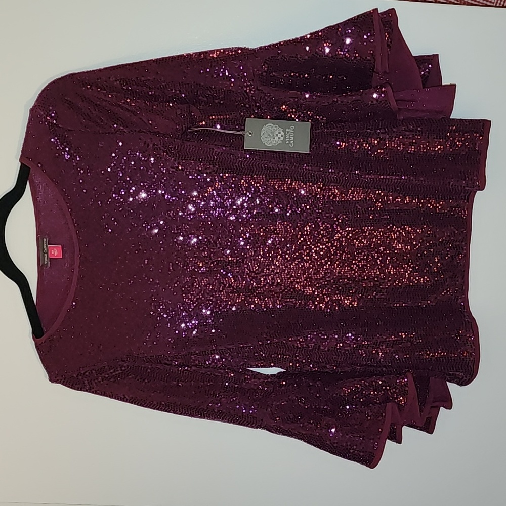 Vince Camuto Metallic Knit Flutter Sleeve Top - Arresting Plum Color